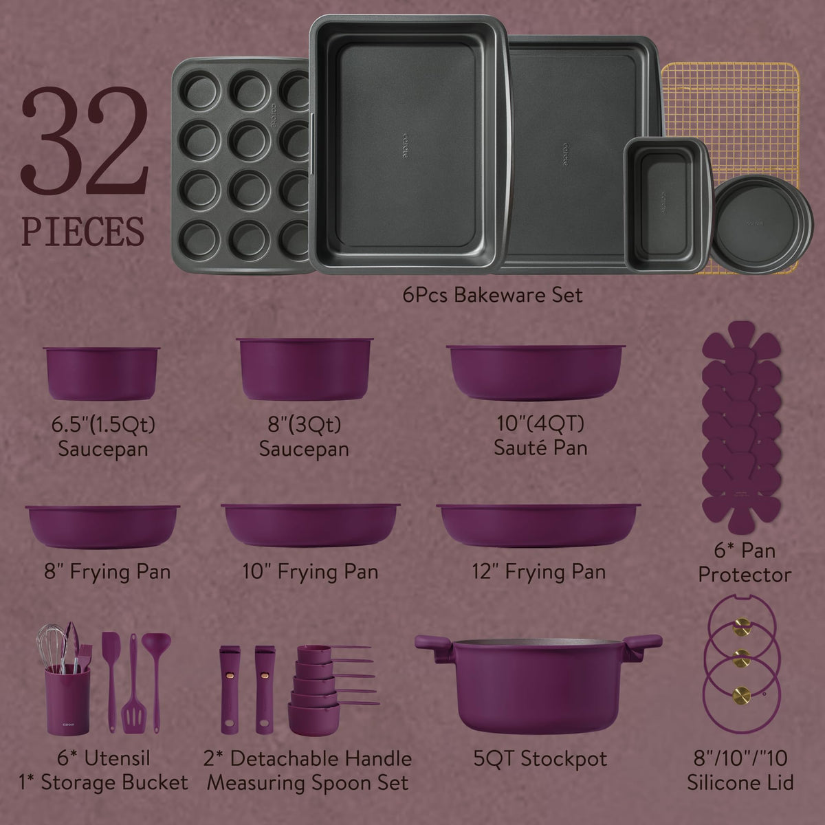 CAROTE 32pcs Pots and Pans Set Non Stick, Detachable Handle Cookware Sets