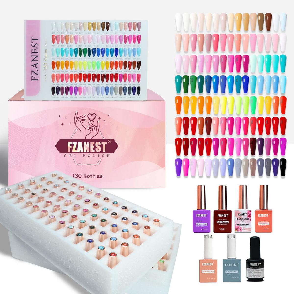 FZANEST 130Pcs Gel Nail Polish Set, 15ml Full Size 120 Bright Colors With Rubber Base Gel/Top Coat/Chrome-proof Matte Top Coat/Bloomming/Nail Tip Glue Kit for Nail Salon Hema-free Tpo-free