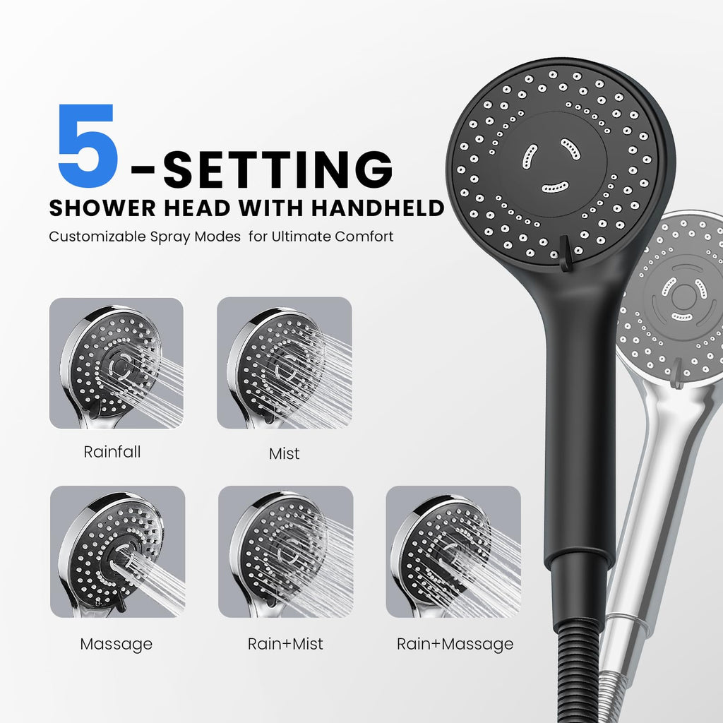 Seacity Black Rain Shower Head with Handheld Shower Head, 5 Spray Modes