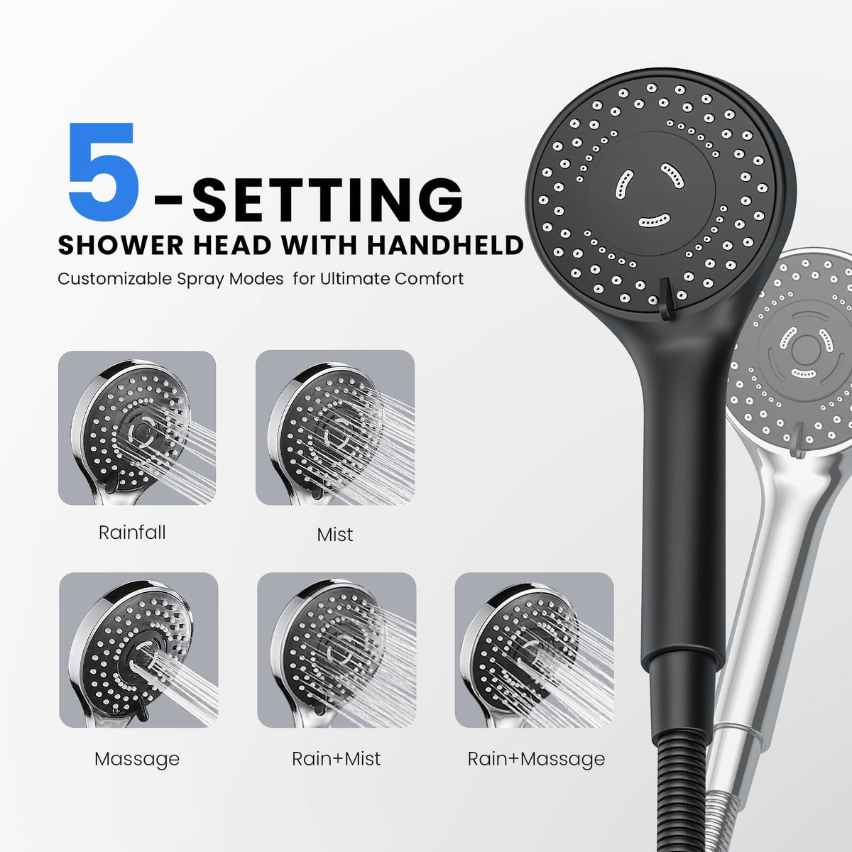 Seacity Black Rain Shower Head with Handheld Shower Head, 5 Spray Modes