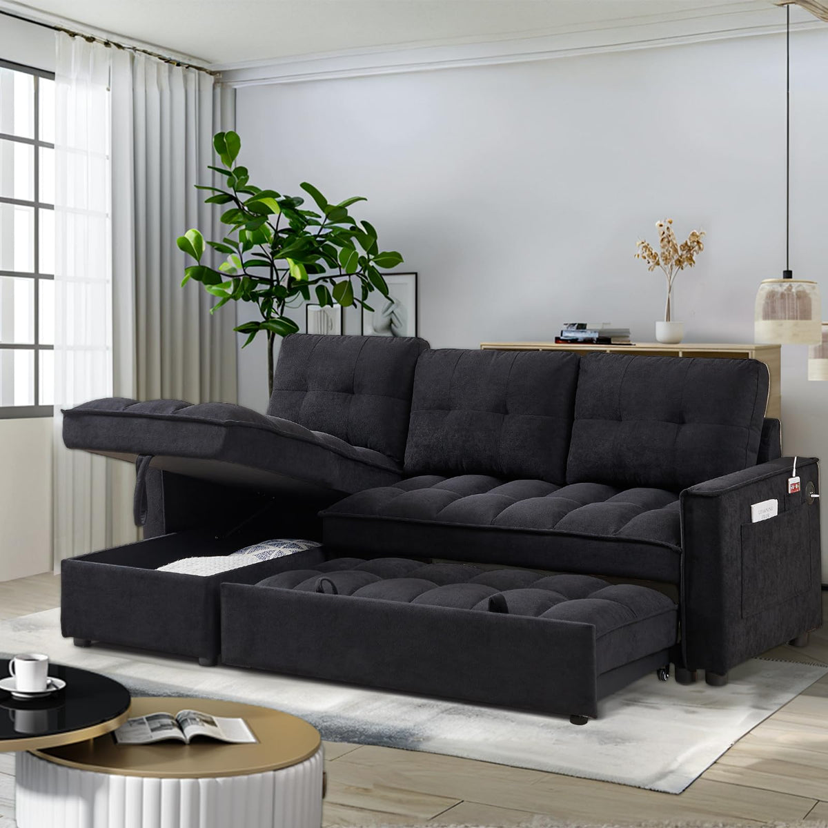 Firscook 78.75" Sleeper Sofa Couch,Modern L-Shaped Couches, Pull Out Couch with USB Ports&Side Pocket,Sleeper Sectional Sofa for Living Room Apartment,Chenille,Black