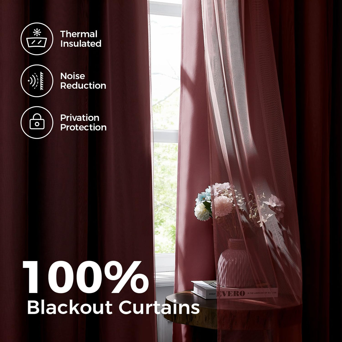 Swandream 100% Blackout Curtains for Bedroom, Double Layer Pink 84" L
