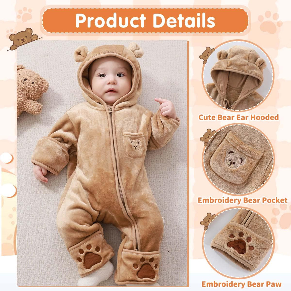 Fairy Baby Newborn Baby Winter Snowsuit Cute Bear Outfit One-Piece Hooded Romper Fleece Jumpsuit Fluffy Outwear Infant Girls Boys Brown 0-3M
