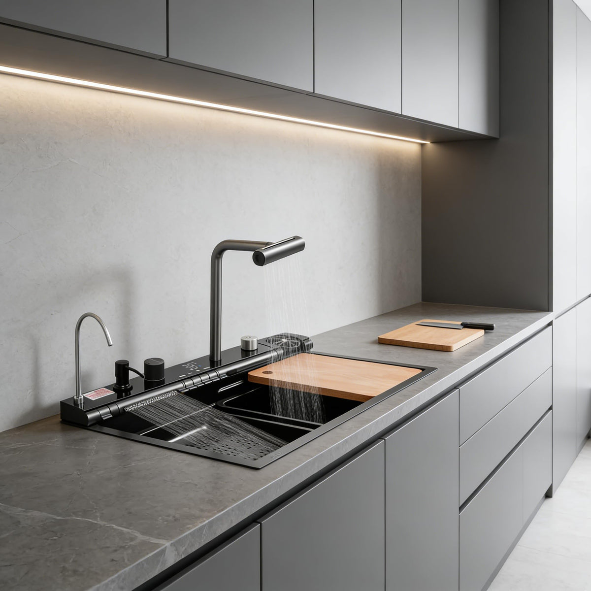30x18 Dual Waterfall Kitchen Sink,Modern Kitchen Sink with 4 in 1 Faucet,Black Stainless Steel Single Bowl Digital Smart Sink with Pull-Out Faucet,Multifunctional Workstation Sinks with Nano Honeycomb