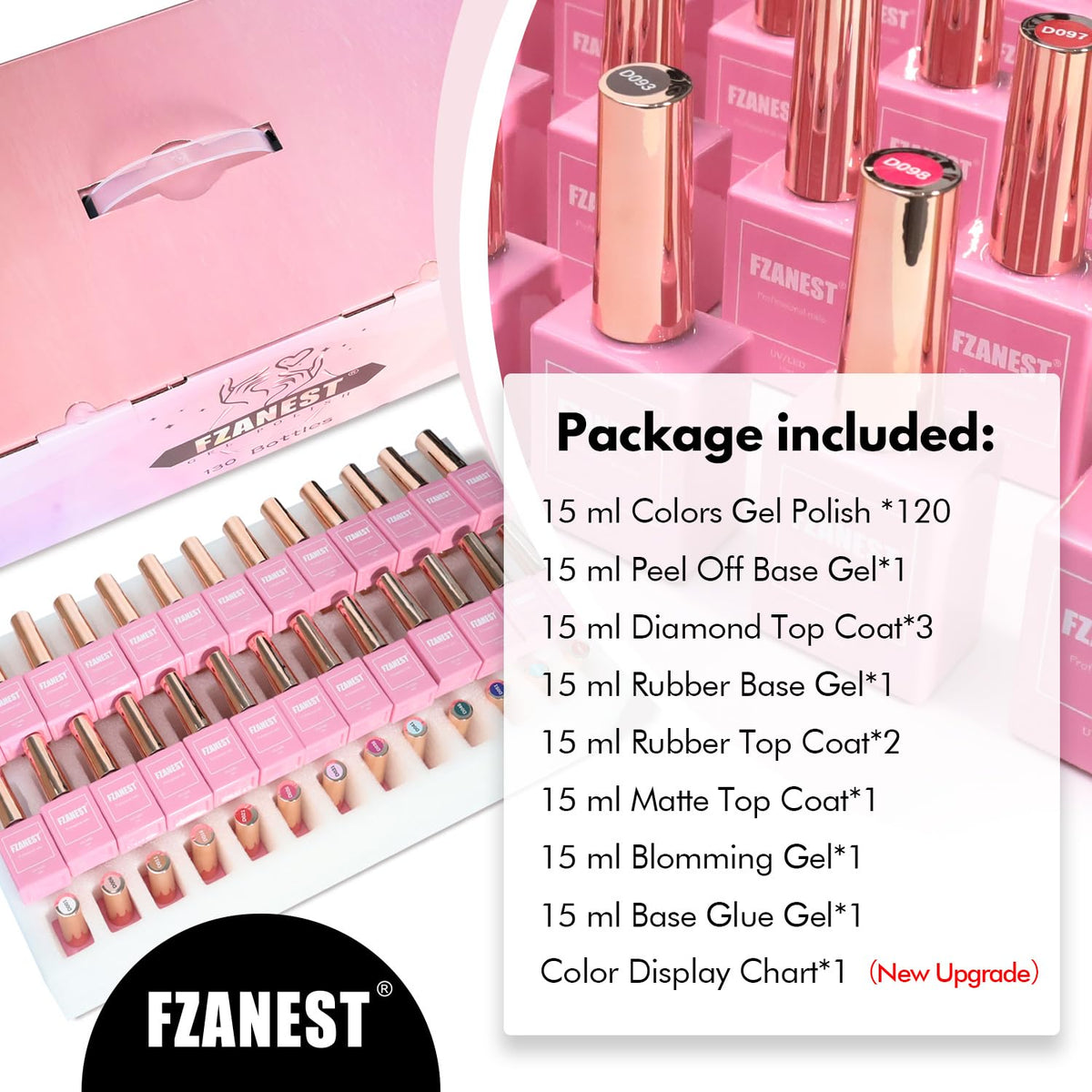 FZANEST 130Pcs Gel Nail Polish Set, 15ml Full Size 120 Bright Colors With Rubber Base Gel/Top Coat/Chrome-proof Matte Top Coat/Bloomming/Nail Tip Glue Kit for Nail Salon Hema-free Tpo-free