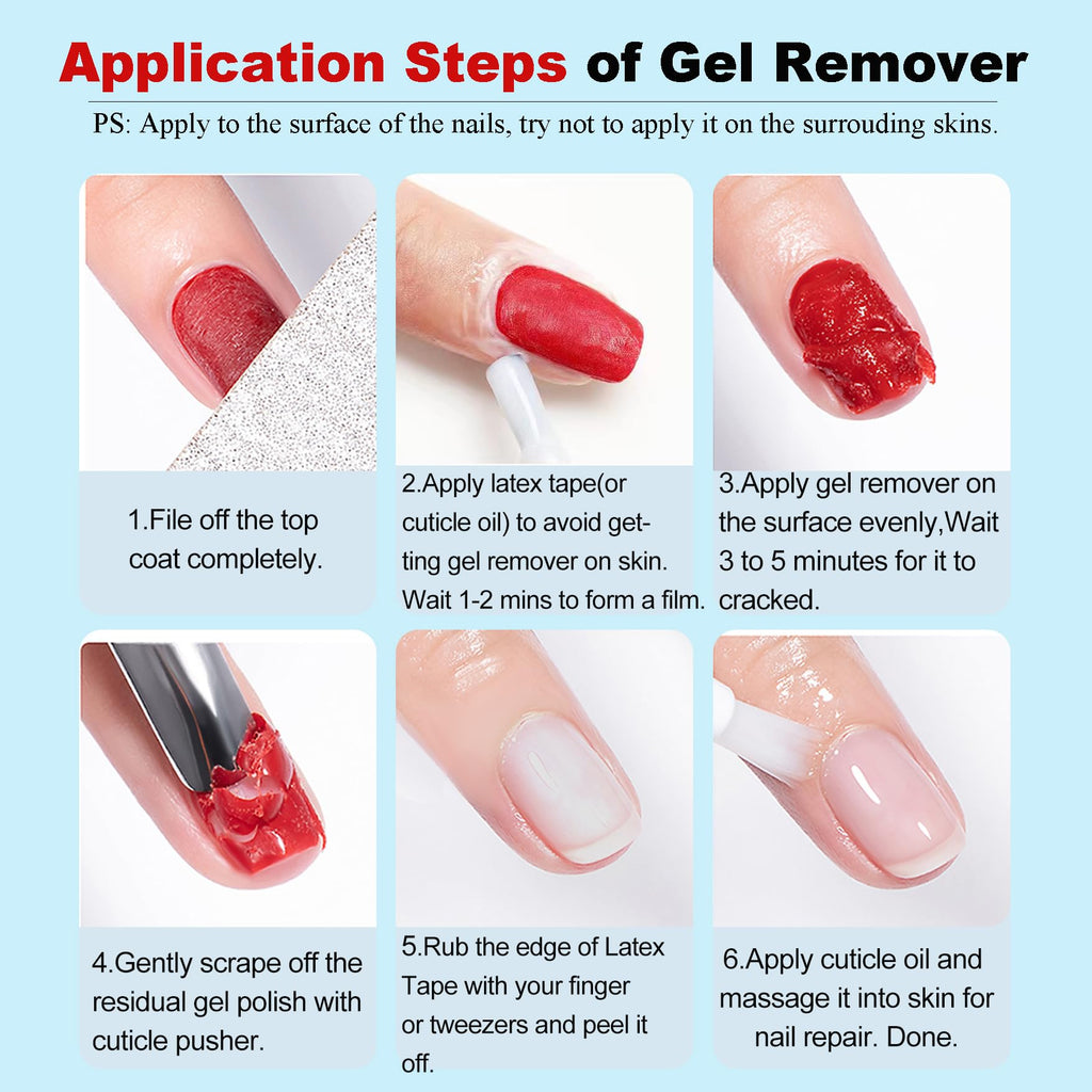 Gel Nail Polish Remover Kit with Cuticle Oil & Latex Tape & Removol Tools
