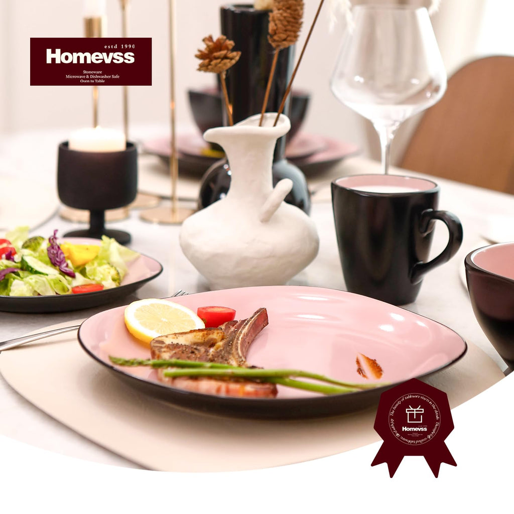 HomeVss, Stoneware Square 16pc Dinnerware Set, Inside Shiny Rose + Outside Matte Black