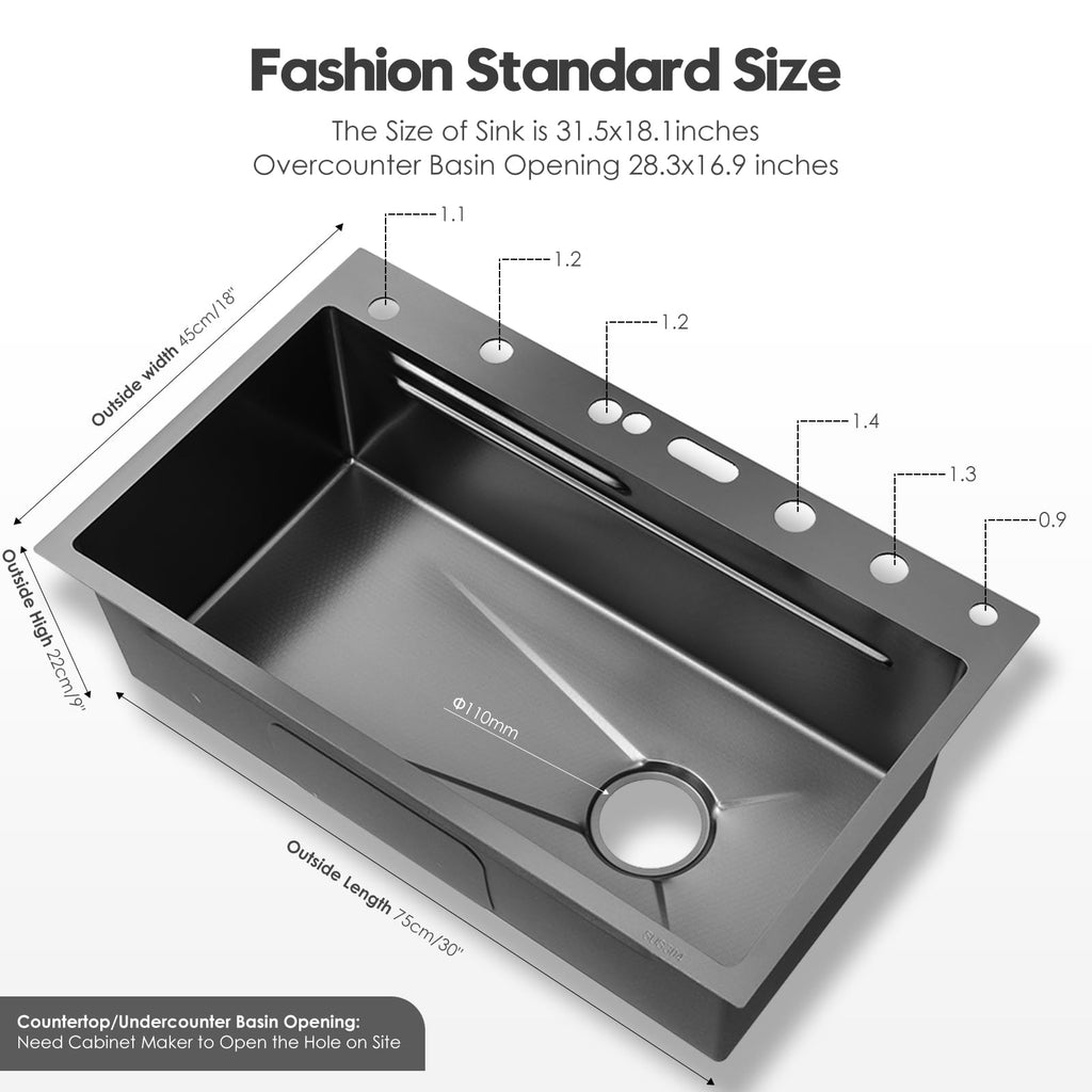 30x18 Dual Waterfall Kitchen Sink,Modern Kitchen Sink with 4 in 1 Faucet,Black Stainless Steel Single Bowl Digital Smart Sink with Pull-Out Faucet,Multifunctional Workstation Sinks with Nano Honeycomb