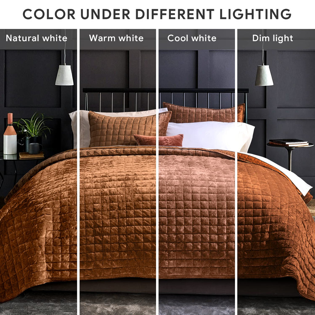RECYCO Channel Box Stitch Velvet Quilt Set, King Size, Rusty Burnt Orange