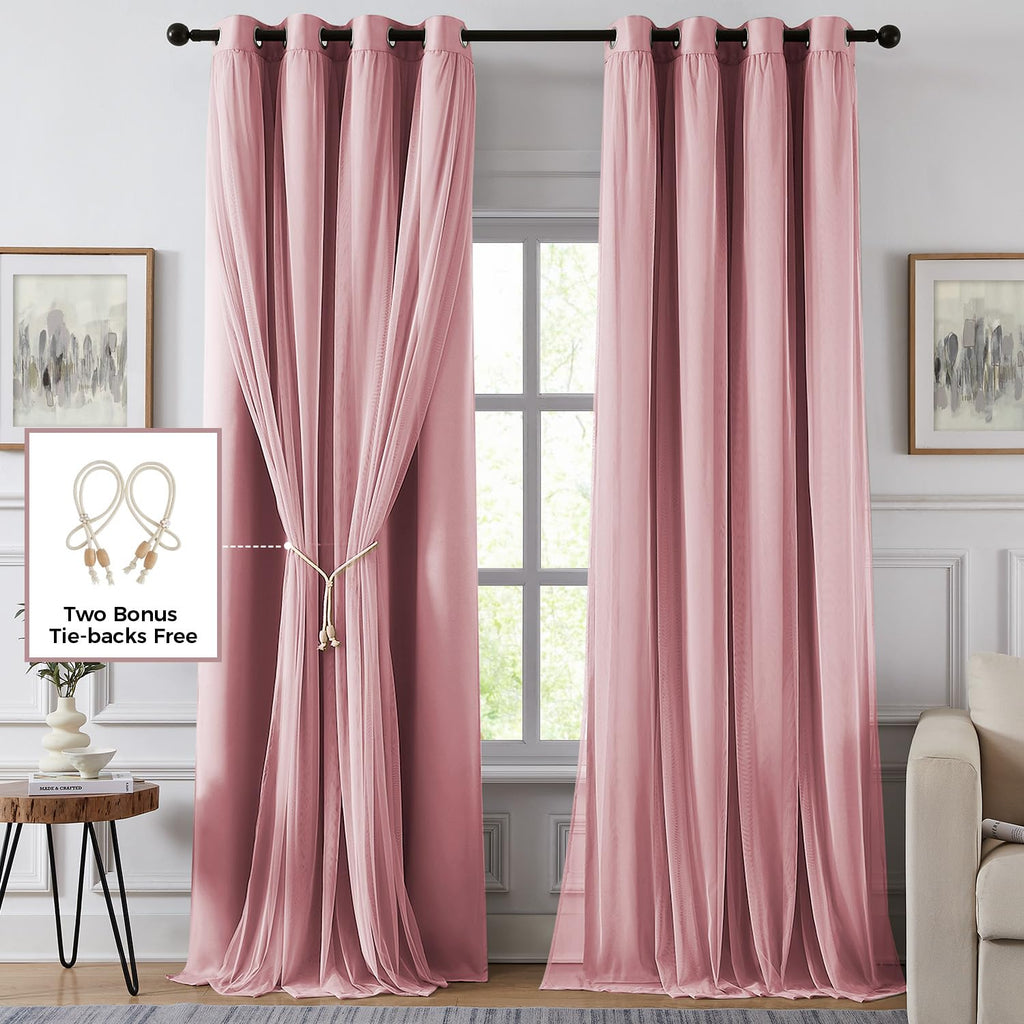 Swandream 100% Blackout Curtains for Bedroom, Double Layer Pink 84" L