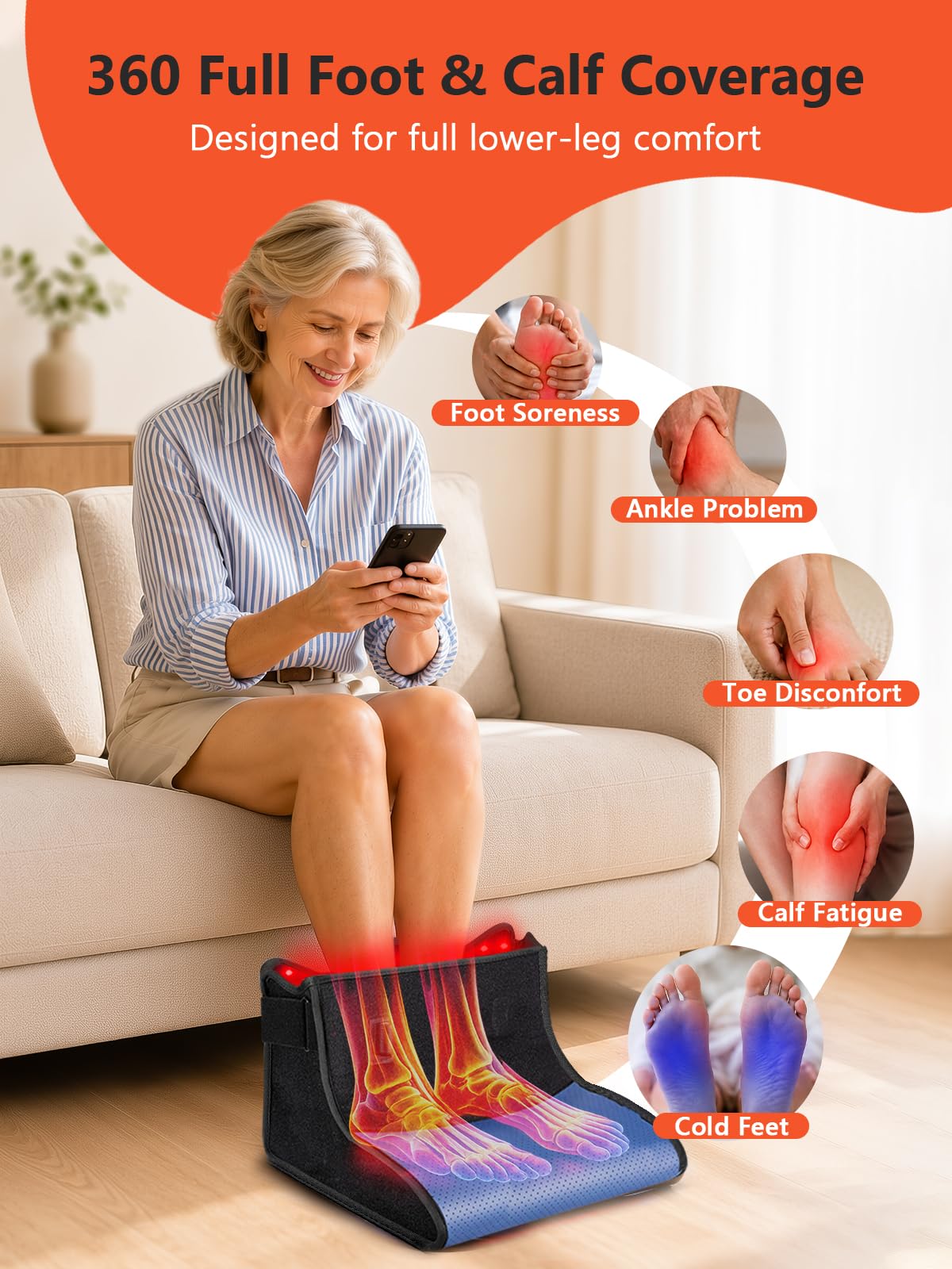 Red Light Therapy for Feet with Heat & Pulse, 180 Tri-Chips LEDs 660nm & 850nm, 5 Light Intensities & 10/40HZ Pulse, 10-90 Min Timer, Foldable Infrared Light Feet Wrap for Ankle Heel, Blue