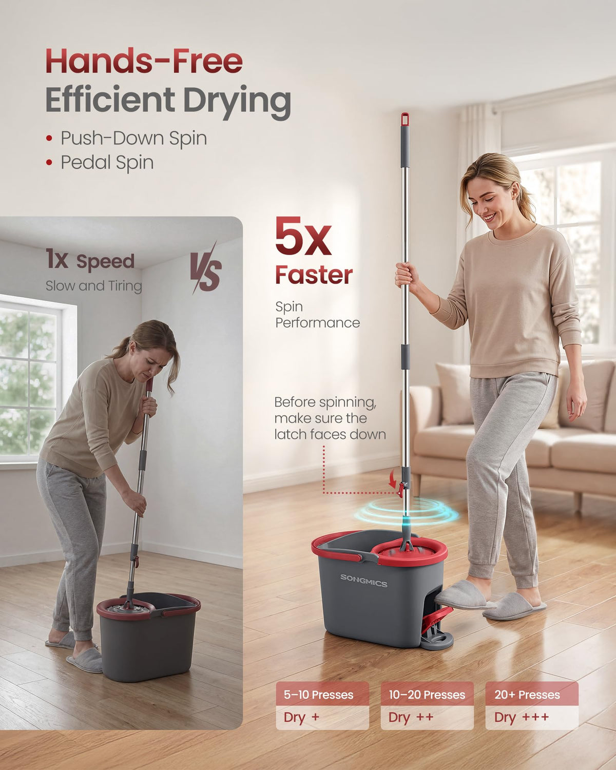 SONGMICS Spin Mop and Bucket Set with Pedal Wringer, 1 Microfiber Pad