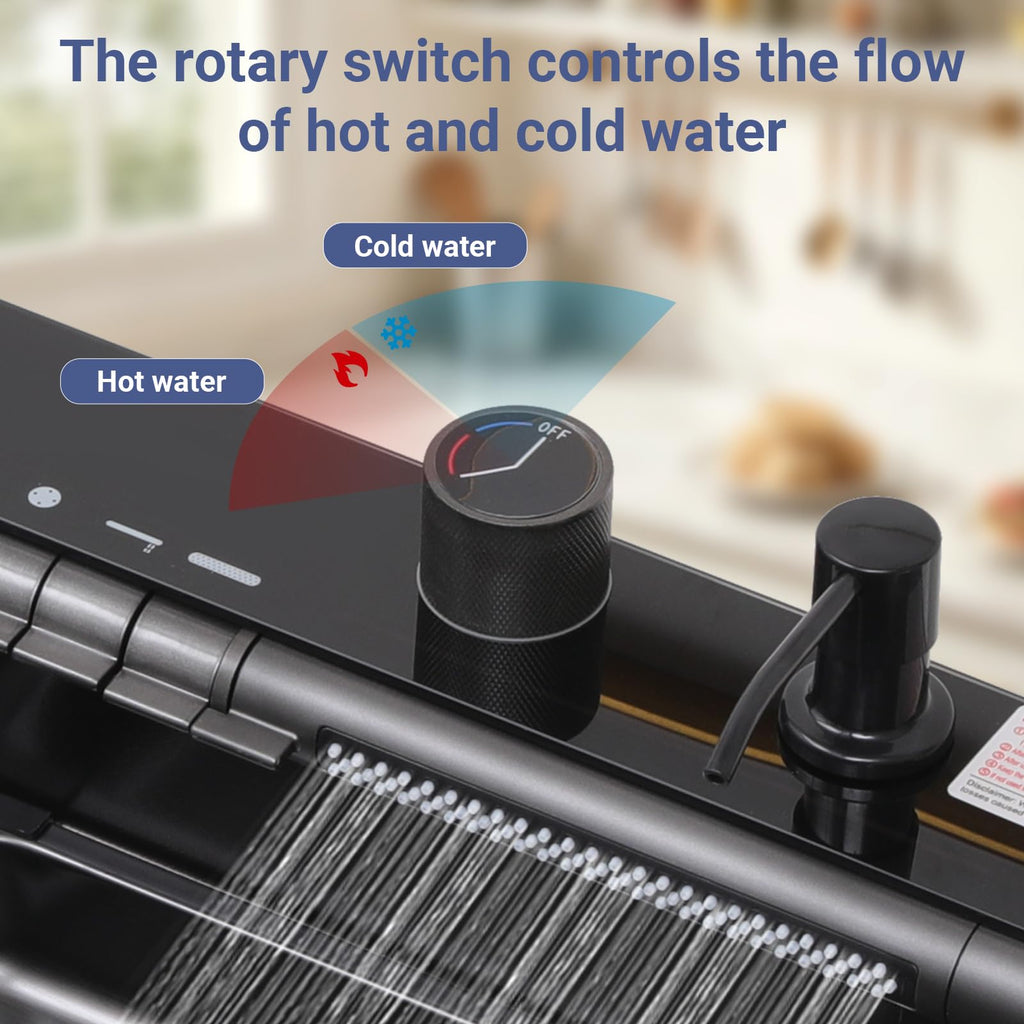 30x18 Dual Waterfall Kitchen Sink,Modern Kitchen Sink with 4 in 1 Faucet,Black Stainless Steel Single Bowl Digital Smart Sink with Pull-Out Faucet,Multifunctional Workstation Sinks with Nano Honeycomb