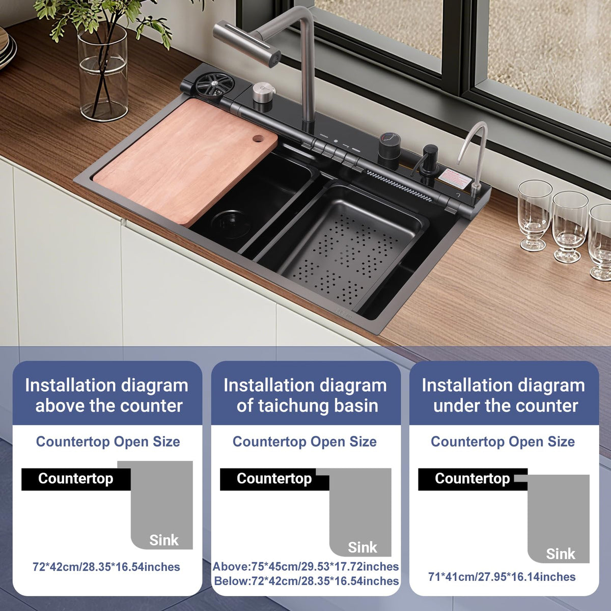 30x18 Dual Waterfall Kitchen Sink,Modern Kitchen Sink with 4 in 1 Faucet,Black Stainless Steel Single Bowl Digital Smart Sink with Pull-Out Faucet,Multifunctional Workstation Sinks with Nano Honeycomb
