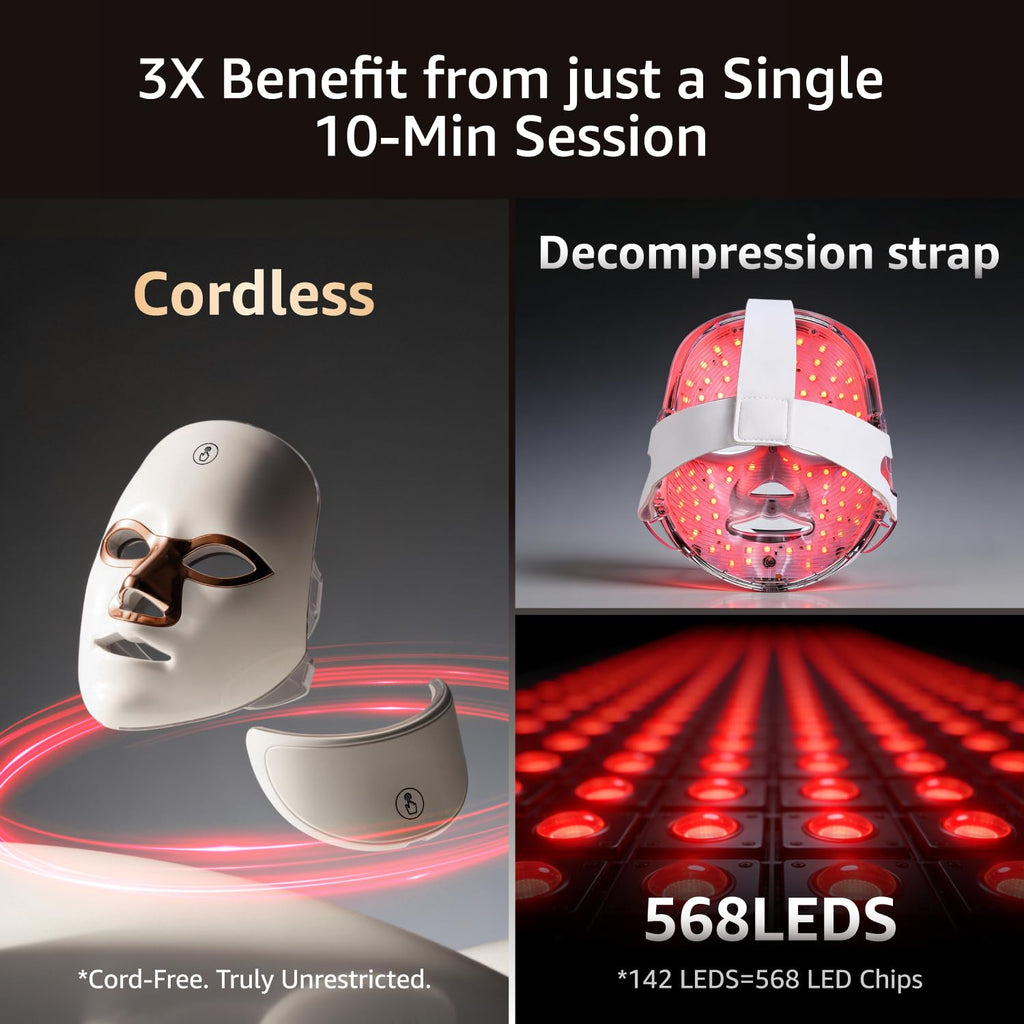 Red Light Therapy Mask for Face and Neck with 568 LEDs, Cordless & NIR