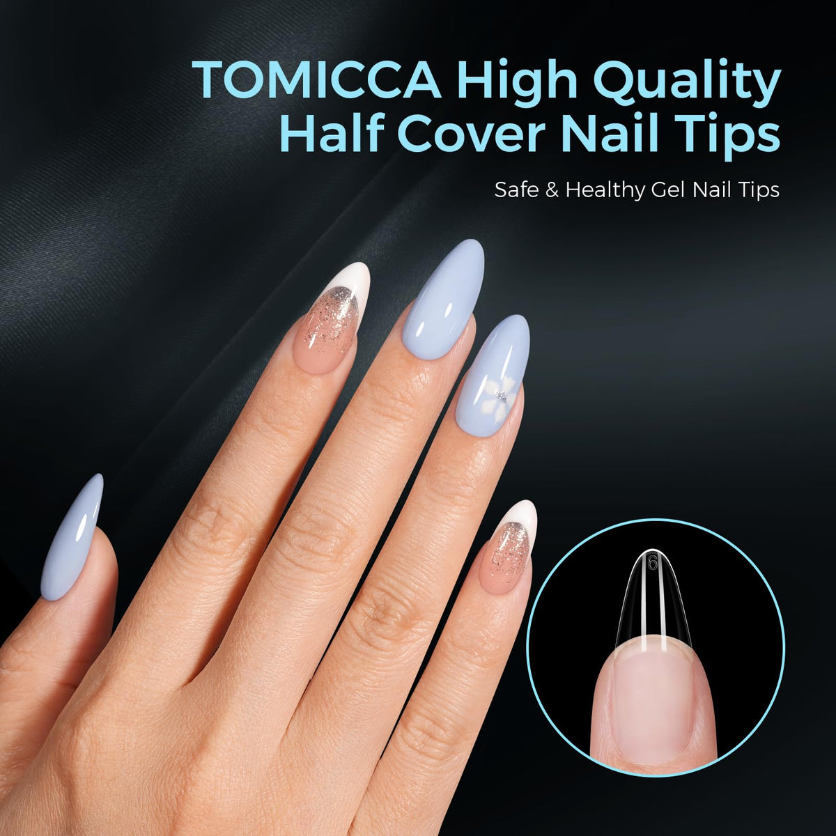 TOMICCA Medium Almond Nail Tips 504PCS, 12 Sizes Half Cover Acrylic Nails