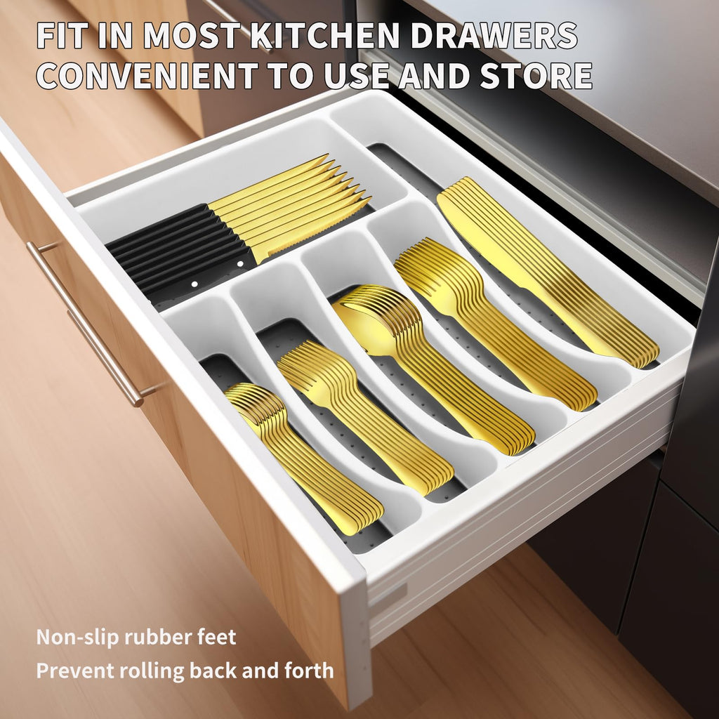 53PCS Gold Silverware Set for 8 with Flatware Drawer Organizer, Stainless Steel Cutlery Set with Steak Knives, Include Spoons and Forks Set & Serving Utensils, Mirror Polished, Dishwasher Safe