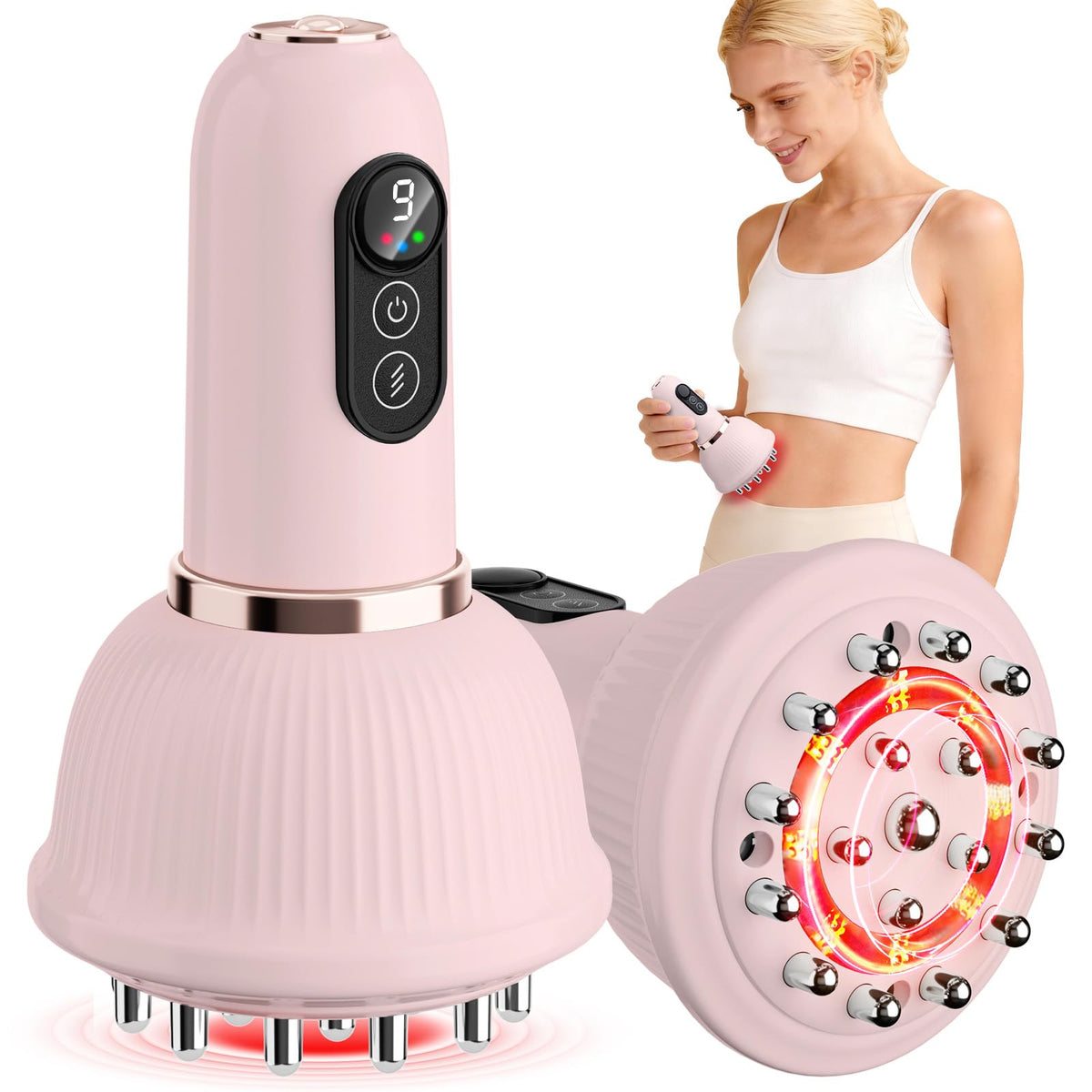 Jobazok Lymphatic Drainage Massager, Anti Cellulite Massage Tool, Body Sculpting Machine with Red Light Therapy, Heating, Vibration for Stretch Marks & Cellulite, Gift for Women & Men, Pink