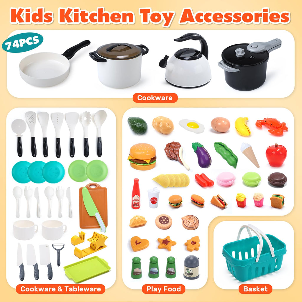 HOLYFUN 74PCS Kids Kitchen Accessories with Play Food & Basket