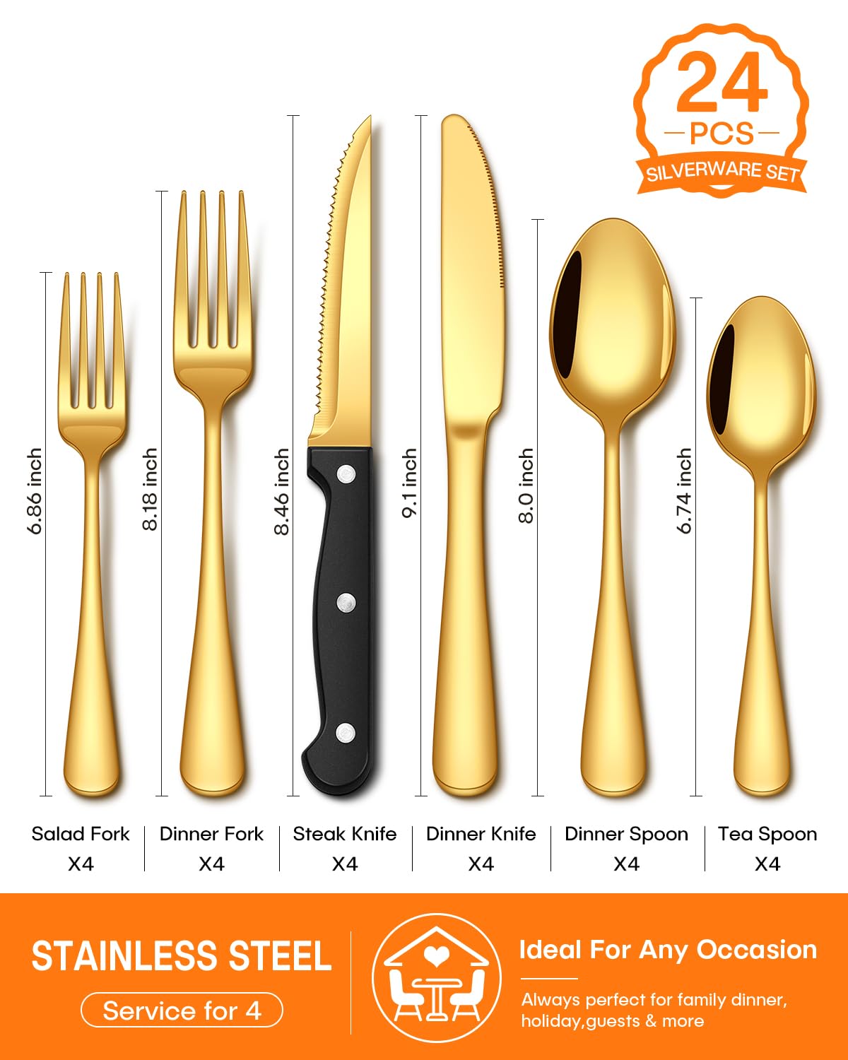 EUIRIO 24 Pcs Gold Silverware Set with Steak Knives Food Grade Stainless Steel Flatware Set for 4 Cutlery Utensil Set Includes Knife Mirror Polished Dishwasher Safe for Home Restaurant