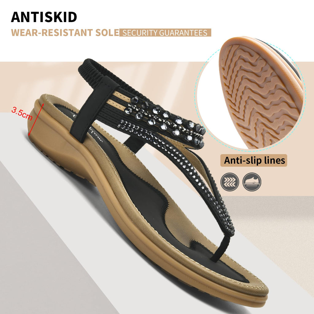 Littleplum Womens Sandals Arch Support Slingback Rhinestone Dressy Sandals Comfort Summer Shoes Ankle Strap Elastic Flats for Beach Walking Elegant Black Size 8