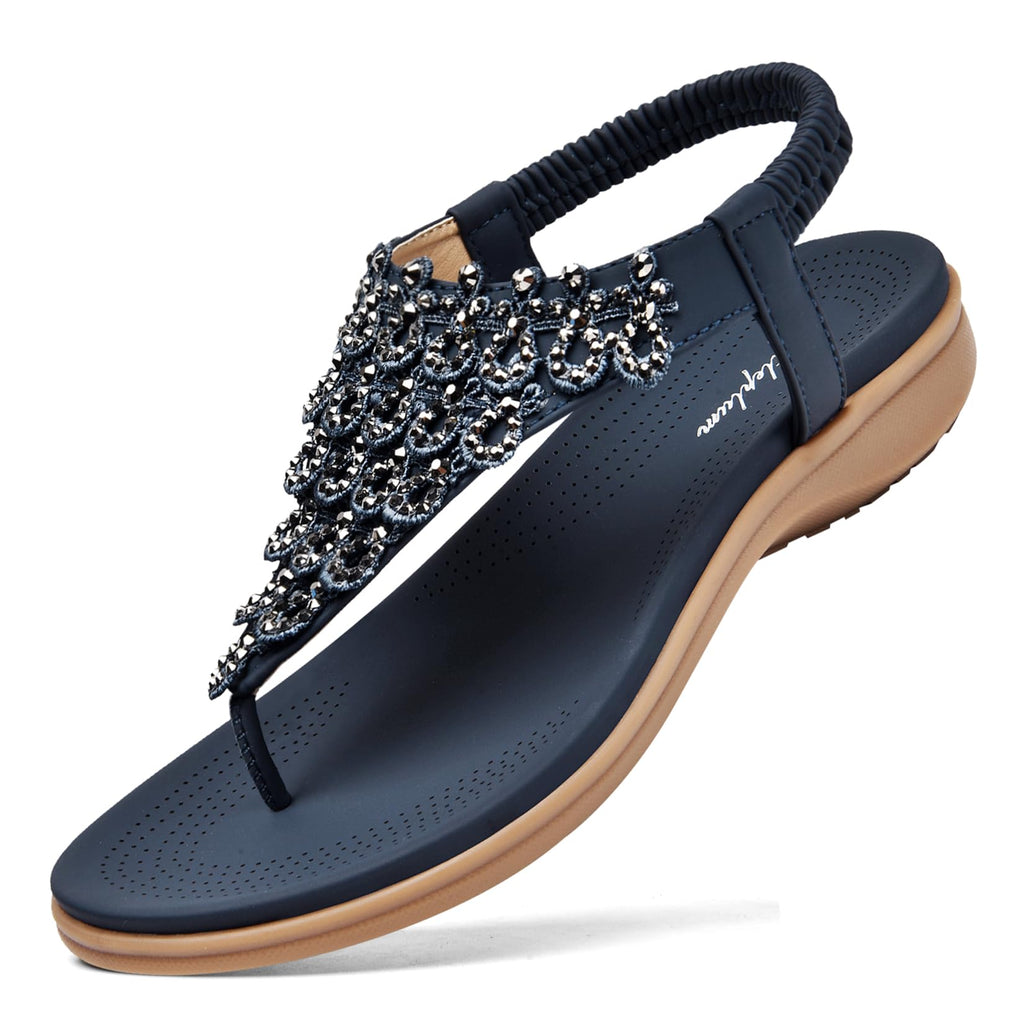 Littleplum Womens Sandals Arch Support Slingback Rhinestone Dressy Sandals Comfort Summer Shoes Ankle Strap Elastic Flats for Beach Walking Chic Blue Size 8.5