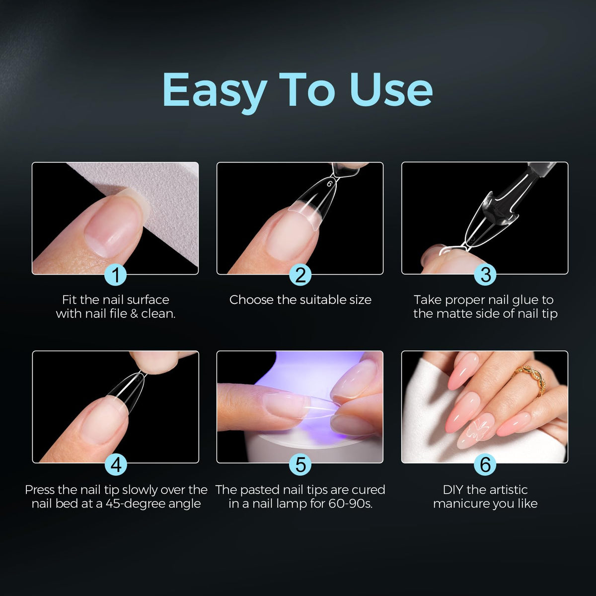 TOMICCA Medium Almond Nail Tips 504PCS, 12 Sizes Half Cover Acrylic Nails