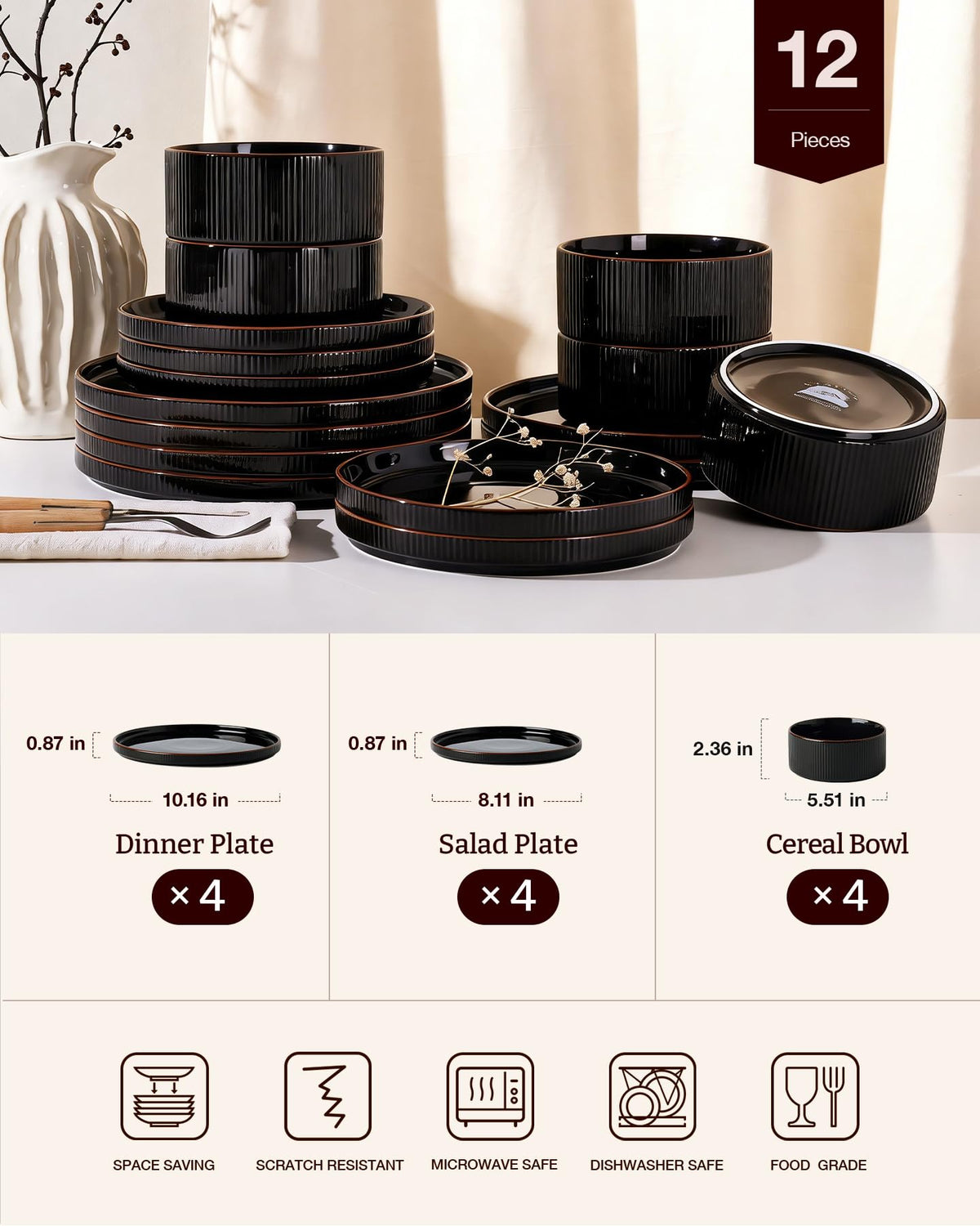 Richmount Line Porcelain Dinnerware Set, dish set for 4, Black
