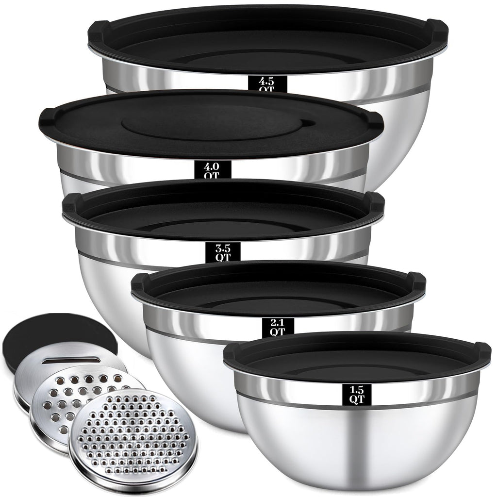 Boskermeal 8PCS Mixing Bowls with Lids Set - 5 Nesting Mixing Bowls, 3 Grater Attachments, Lids, Stainless Steel Mixing Bowls for Mixing & Serving, Size 1.5/2.1/3.5/4/4.5 QT, Black