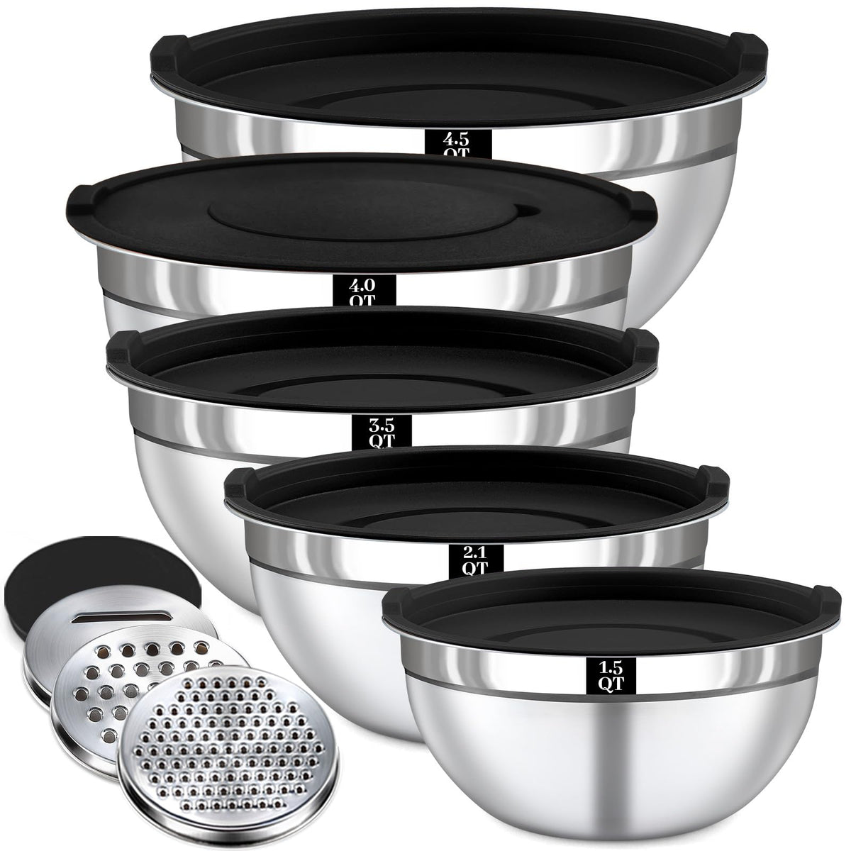 Boskermeal 8PCS Mixing Bowls with Lids Set - 5 Nesting Mixing Bowls, 3 Grater Attachments, Lids, Stainless Steel Mixing Bowls for Mixing & Serving, Size 1.5/2.1/3.5/4/4.5 QT, Black