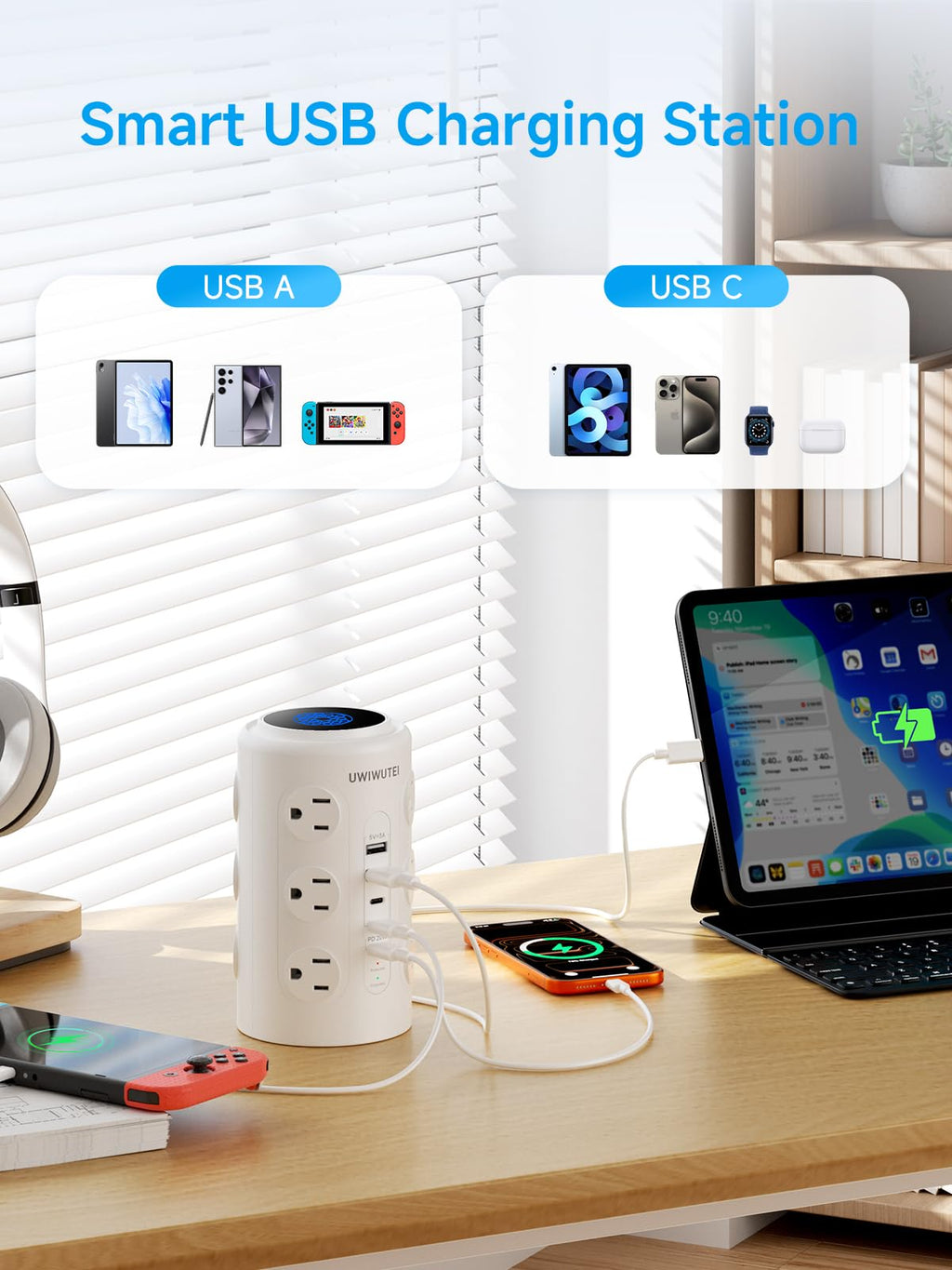 6FT Tower Power Strip with Night Light & Dedicated 20W PD USB‑C Port