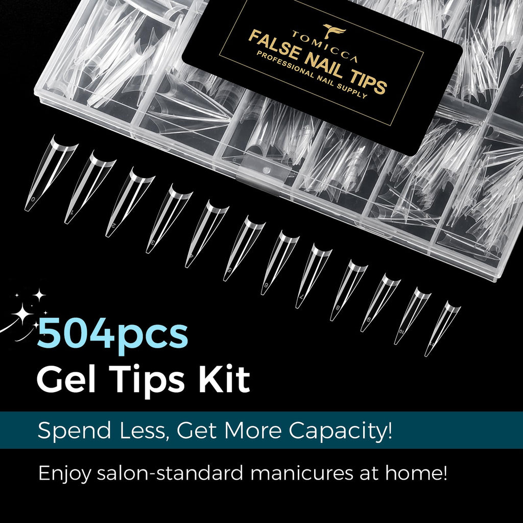 TOMICCA Extra Long Stiletto Nail Tips XXL 504pcs Clear Half Cover No C Curve Nail Tips, 12 Sizes Matte False Nails for DIY & Salon, Beginners & Professionals