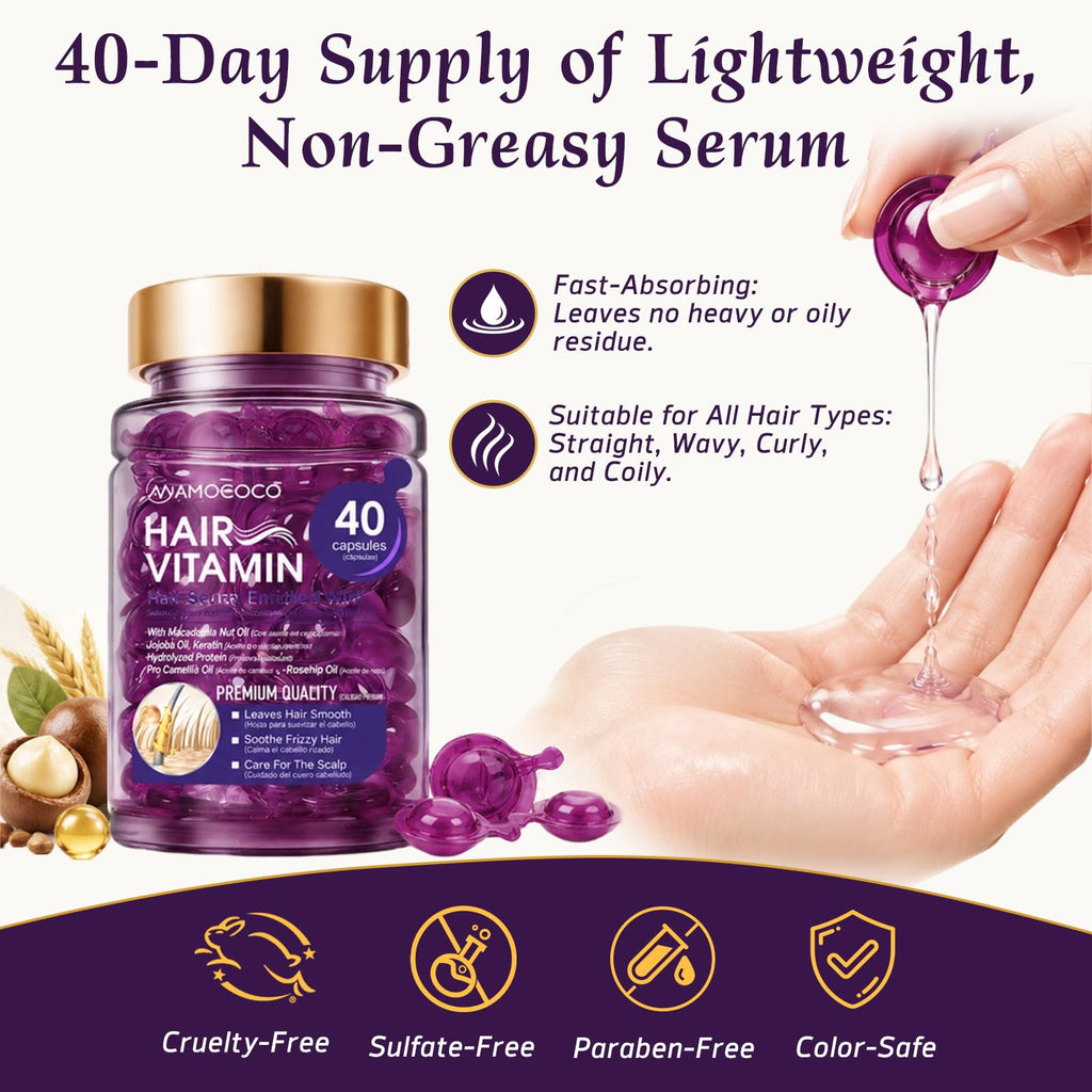 Amococo 2Packs Hair Oil 40 Capsules with Keratin, Argan Oil & Jojoba Oil, Nourishing & Strengthening Hair for Dry, Damaged Hair, Frizz Control & Softness for Women & Men