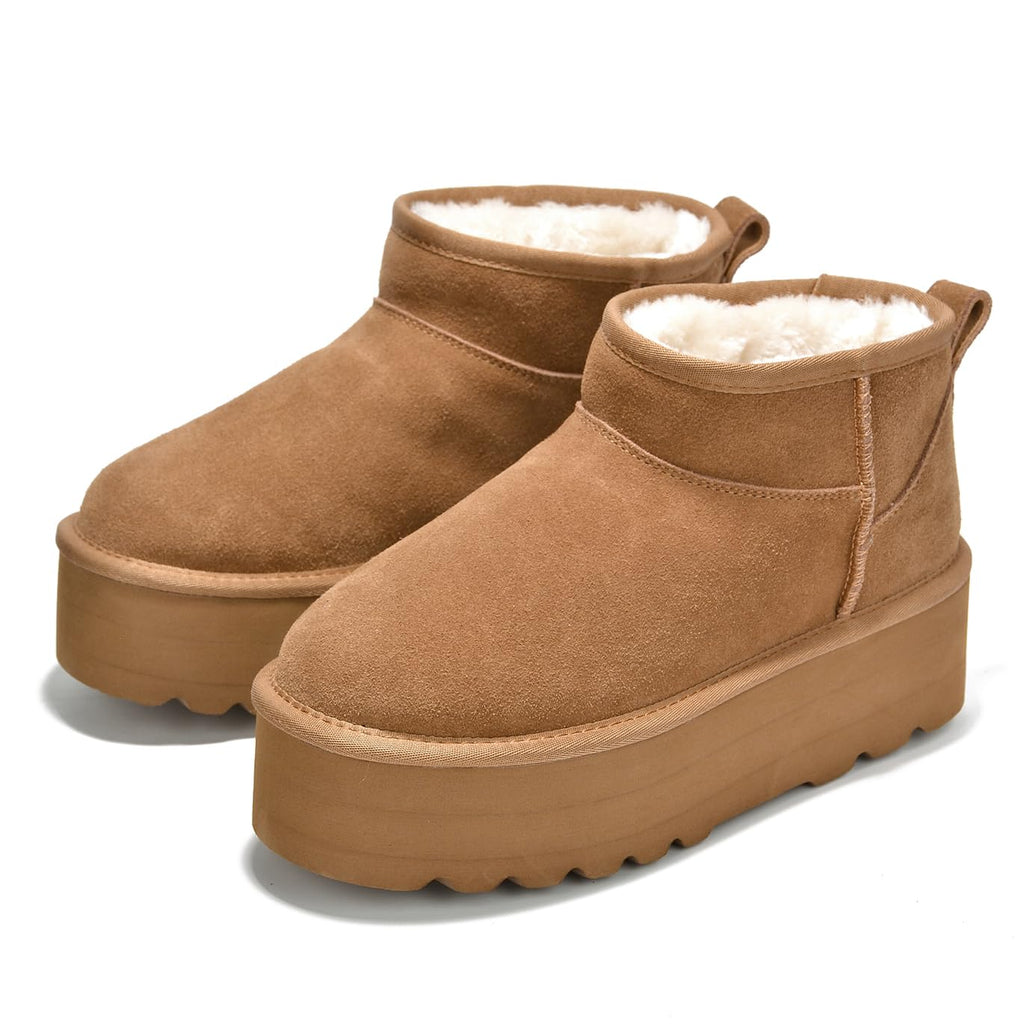 100% Genuine Leather Ankle Boots for Women Waterproof Platform Womens Boots