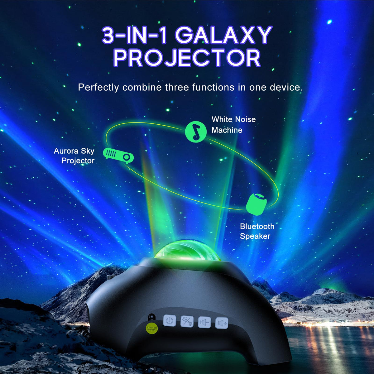 Northern Galaxy Light Aurora Projector with 33 Light Effects, Night Lights LED Star Projector for Bedroom Nebula Lamp, Remote Control, White Noises, Bluetooth Speaker for Parties Black
