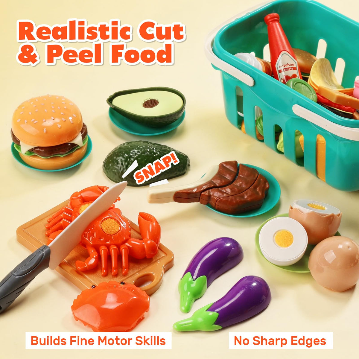 HOLYFUN 74PCS Kids Kitchen Accessories with Play Food & Basket