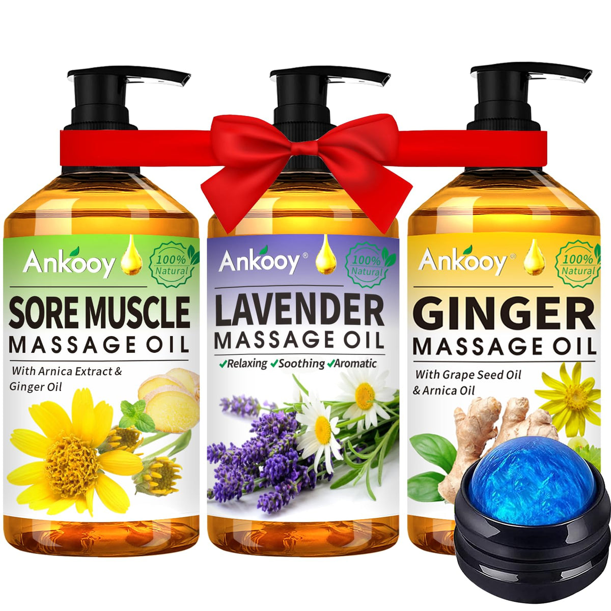 3 Pack Massage Oil for Massage Therapy,Sore Muscle Arnica Oil & Relaxing Lavender Oil & Ginger Oil Lymphatic Drainage & Massage Ball,Massage Kit Gifts for Women Men,Spa Gifts Birthday Gifts for Women