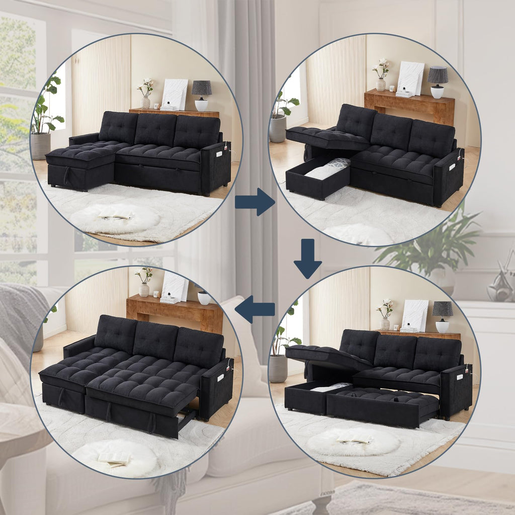 Firscook 78.75" Sleeper Sofa Couch,Modern L-Shaped Couches, Pull Out Couch with USB Ports&Side Pocket,Sleeper Sectional Sofa for Living Room Apartment,Chenille,Black