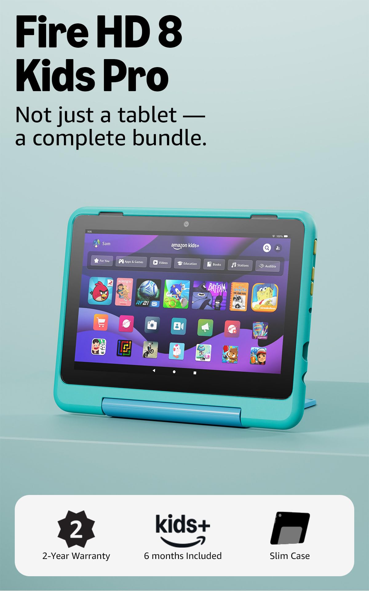 Amazon Fire HD 8 Kids Pro tablet, ages 6-12. Bright 8" HD screen, includes ad-free content, parental controls, 13-hr battery, slim case for older kids, 64GB, Hello Teal, (2024 release)
