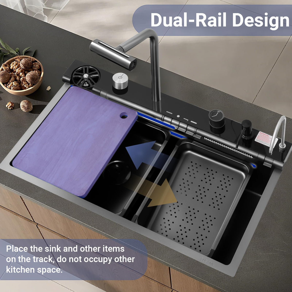 30x18 Dual Waterfall Kitchen Sink,Modern Kitchen Sink with 4 in 1 Faucet,Black Stainless Steel Single Bowl Digital Smart Sink with Pull-Out Faucet,Multifunctional Workstation Sinks with Nano Honeycomb