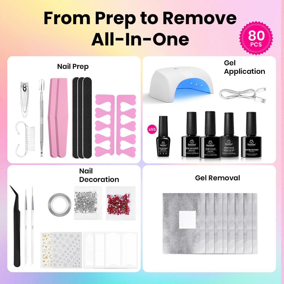 Beetles Gel Nail Polish Kit with U V Light - 80Pcs 55 Colors Gel Nail Kit