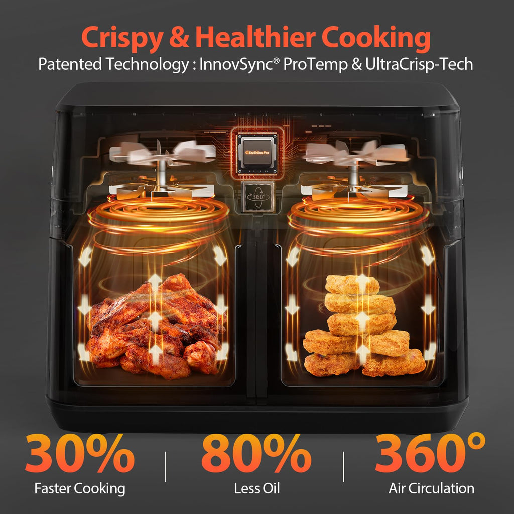 12QT Large Dual Air Fryer, 10-in-1 with SyncCook, ProTemp & UltraCrisp Tech