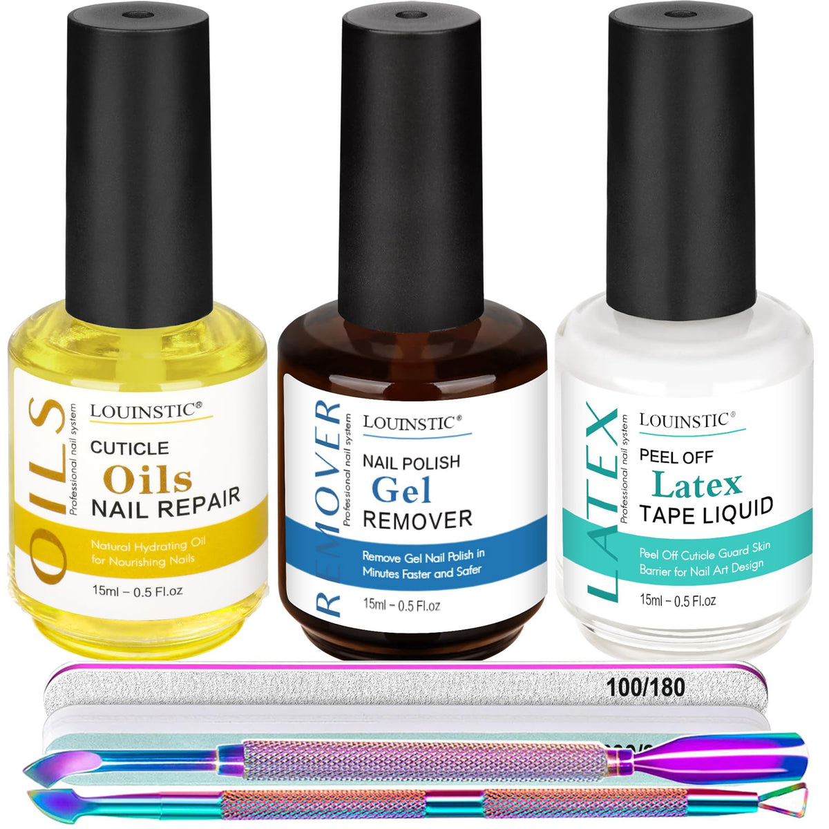 Gel Nail Polish Remover Kit with Cuticle Oil & Latex Tape & Removol Tools