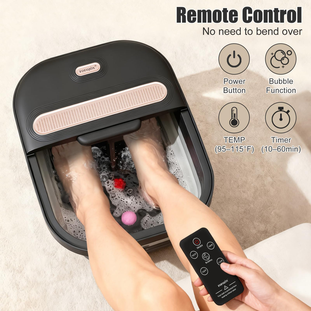FOFOJÔY Collapsible Foot Spa Bath with Massager and Heat and Bubble Jets, Temperature Control, Remote Control, Pumice Stone, Pedicure Foot Spa for Relaxation Gift for Women Man