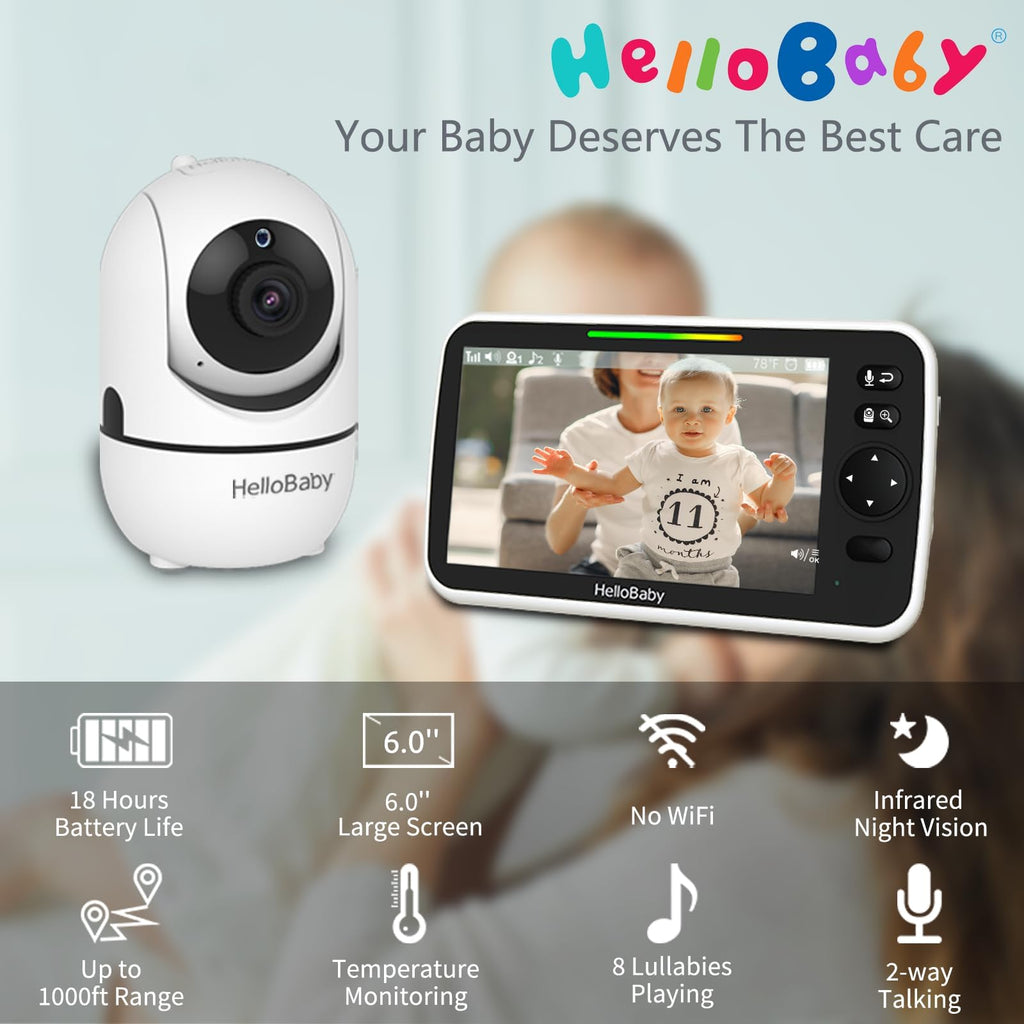 HelloBaby 6" No WiFi Video Baby Monitor with Camera Audio, 33H Battery