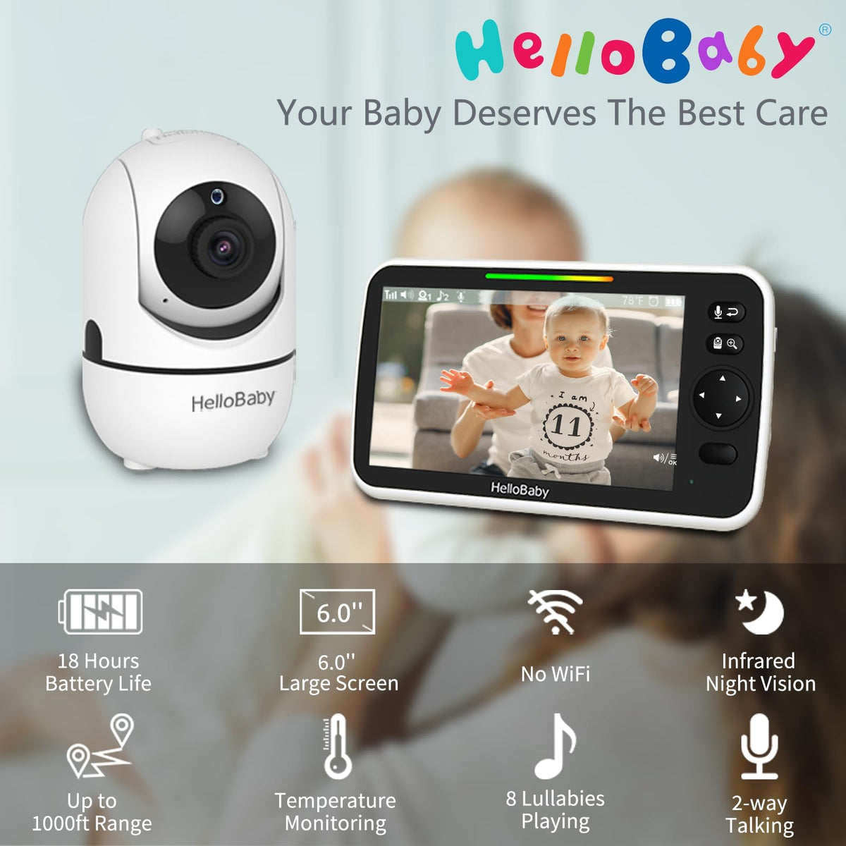 HelloBaby 6" No WiFi Video Baby Monitor with Camera Audio, 33H Battery