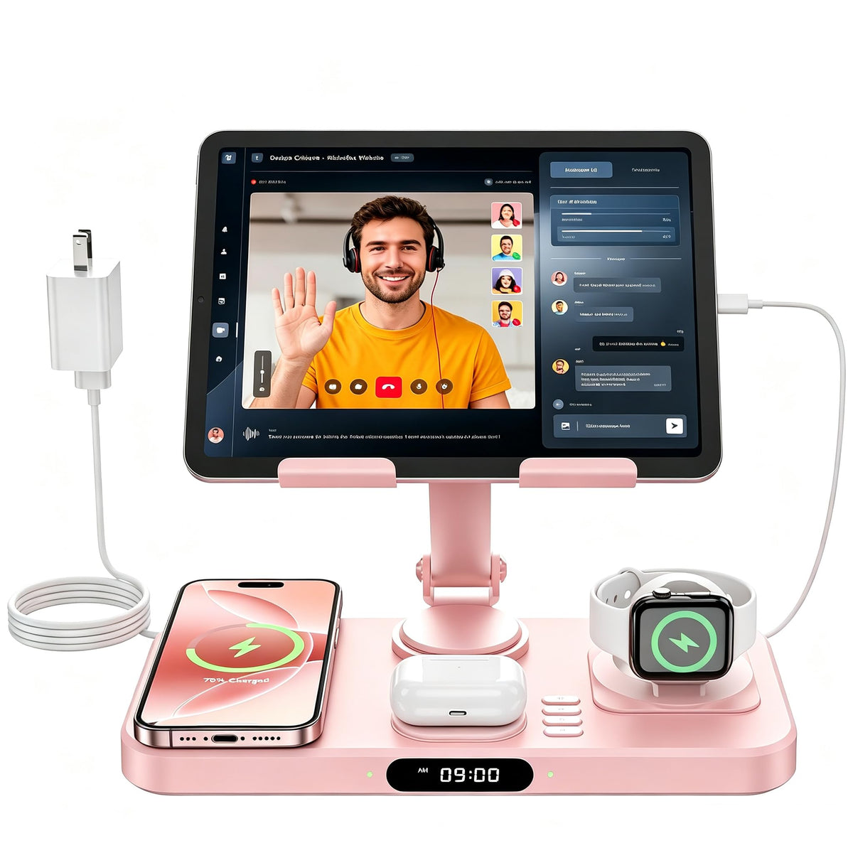 6 in 1 Wireless Charger for Apple Multiple Devices, Charging Station with Clock &7 Color Ambient Light, Foldable Rotate Stand for iPad, for iPhone17/16/15, Support for Apple Watch11/10 For AirPods4