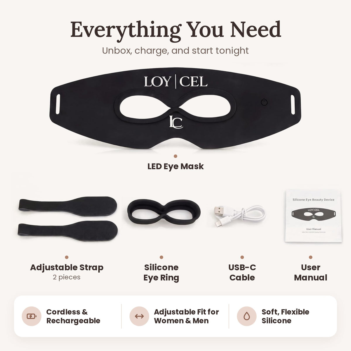 LOY | CEL Under Eye Red Light Therapy Device, Reusable Silicone LED Eye Mask Patches for Dark Circles, Puffy Eyes, Bags & Wrinkles, 7 Mode Rechargeable Under Eye Massager with Heat for Women & Men