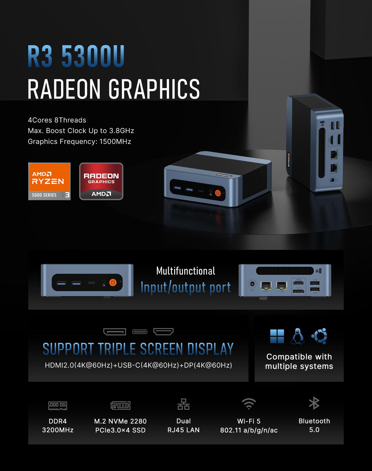 BOSGAME E5 Mini PC with Ryzen 5300U Computer