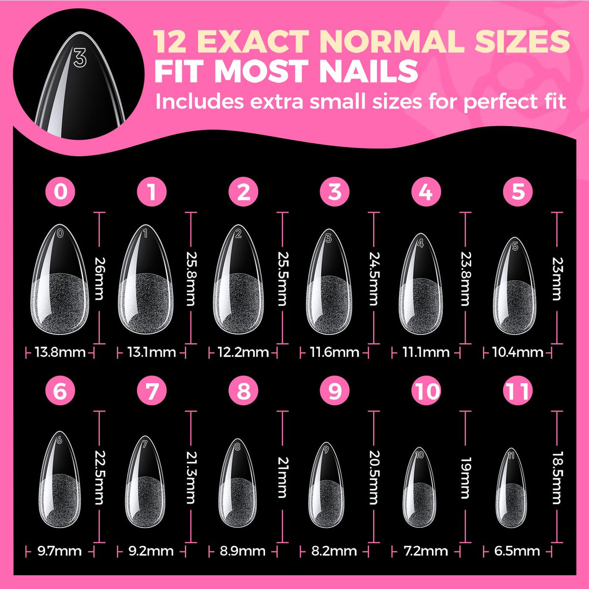 UNA GELLA Almond Gel Nail Tips, 504 Clear Tips, 12 Sizes